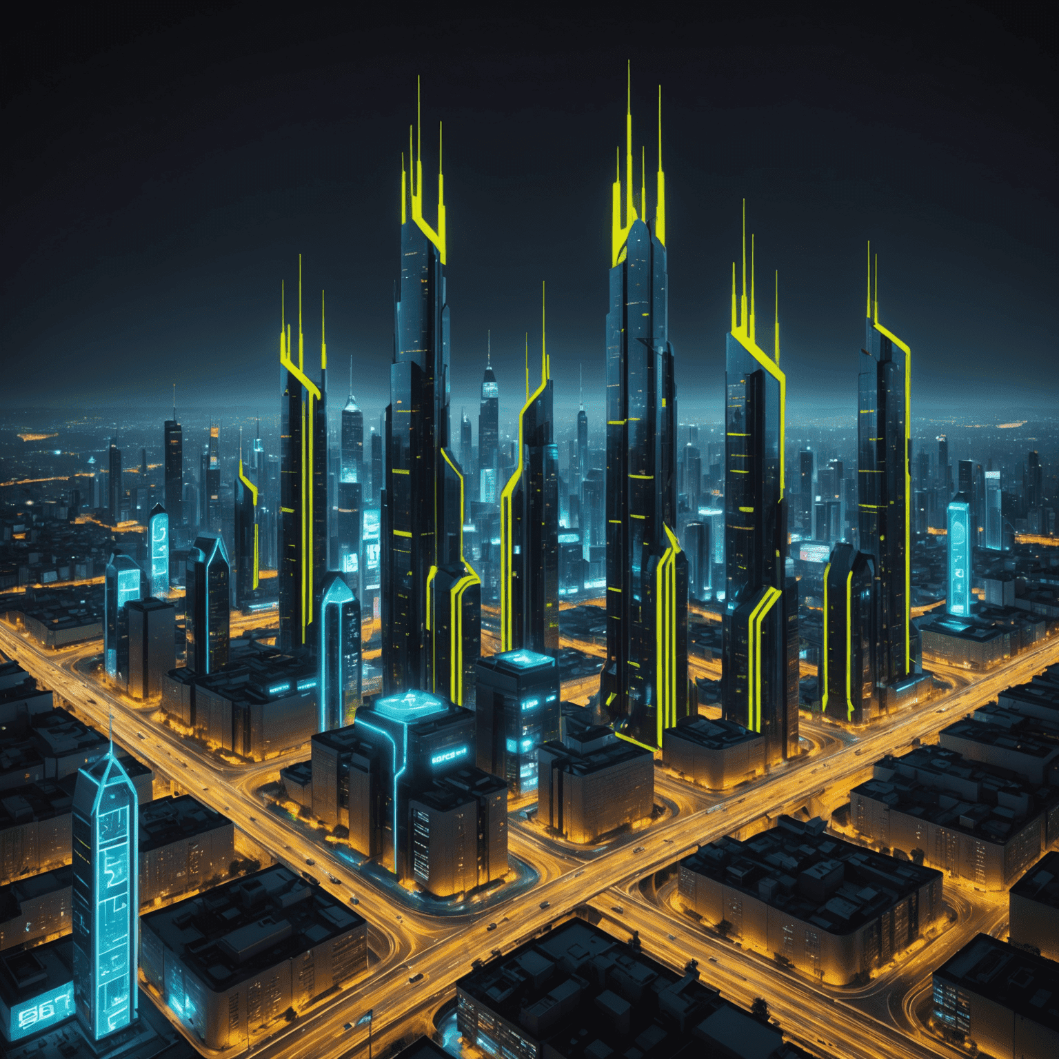 A futuristic cityscape with 5G towers emitting neon yellow signals, representing the latest developments in 5G technology