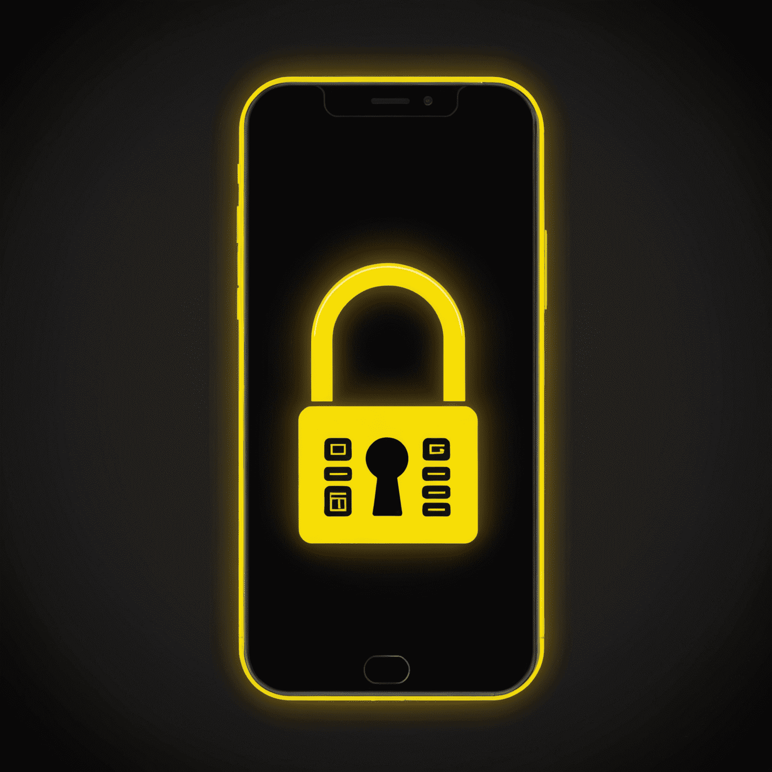 A smartphone with a digital lock icon, representing mobile security measures. The image is in yellow neon style against a dark background.