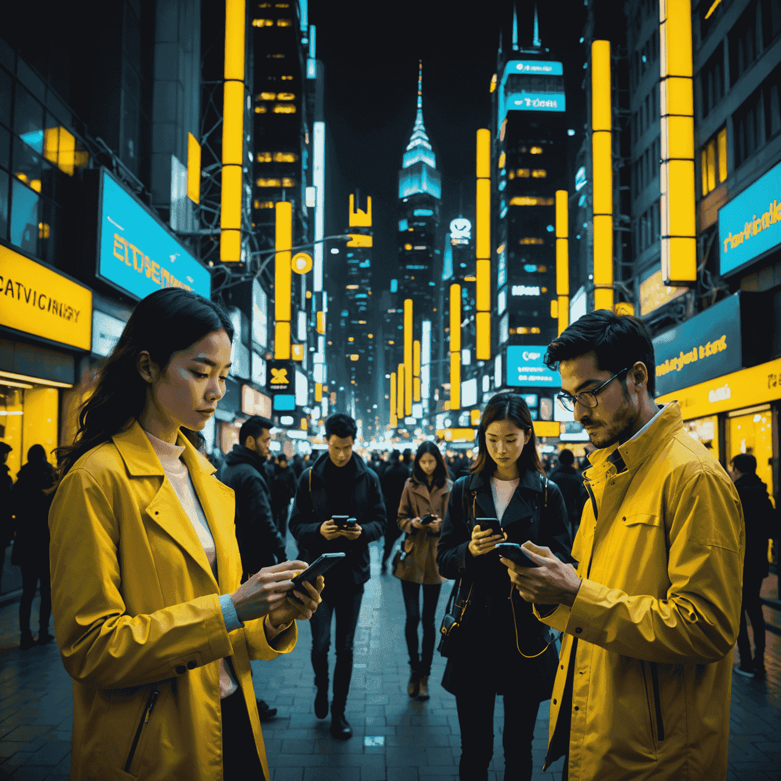 A futuristic cityscape with glowing yellow neon lights representing high-speed data connectivity. People are shown using mobile devices with ease, symbolizing seamless communication and internet access.