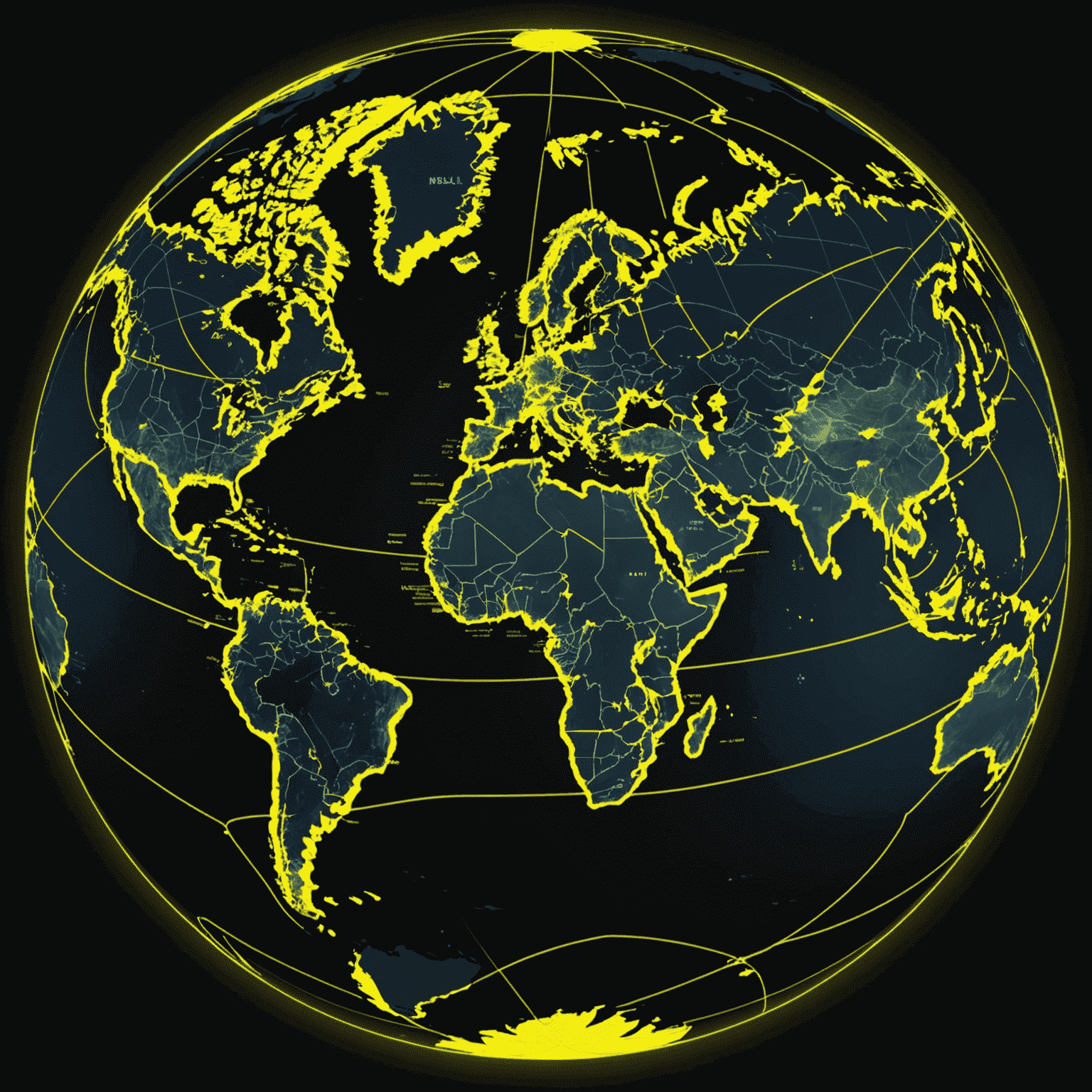 A world map highlighting the global coverage of Mobilule's international roaming service, with glowing yellow lines connecting various countries and major cities. The map is set against a dark background, giving it a futuristic, neon appearance.