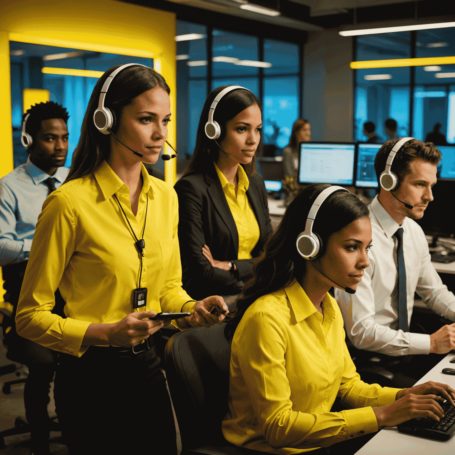 A diverse team of customer support representatives in a modern office environment, wearing headsets and assisting customers with mobile communication issues. The image showcases a mix of chat support, phone support, and collaborative problem-solving, all bathed in a yellow neon glow to match the website's theme.