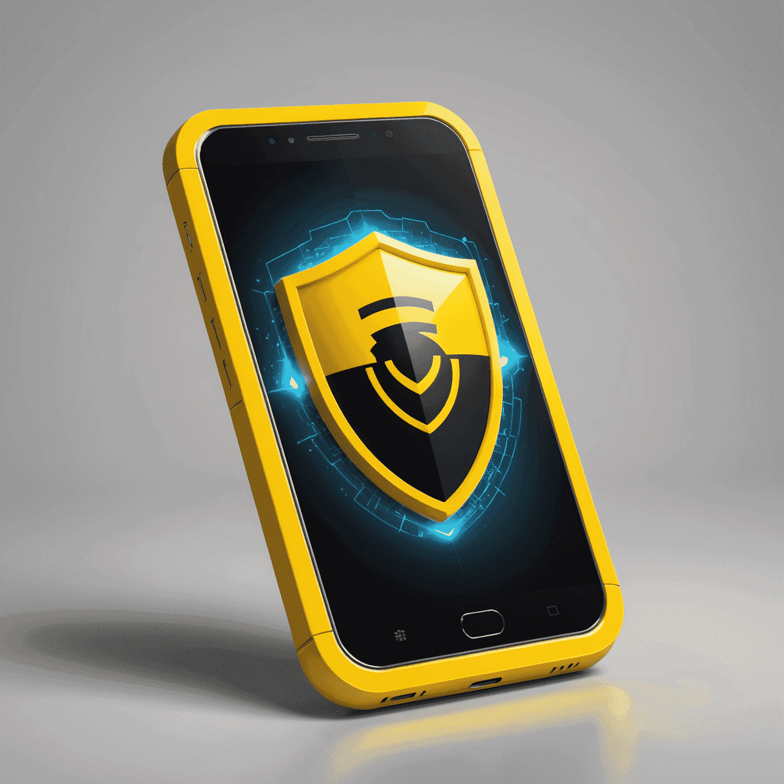A smartphone with a glowing yellow shield, symbolizing mobile security and protection against cyber threats
